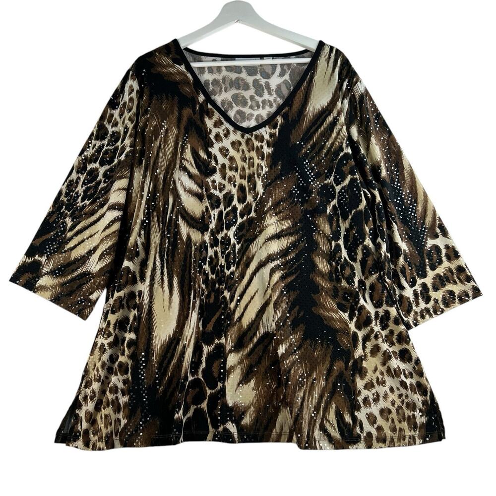Susan Graver Plus 2X Blouse Liquid Knit Top Embellishments Animal Print V-Neck